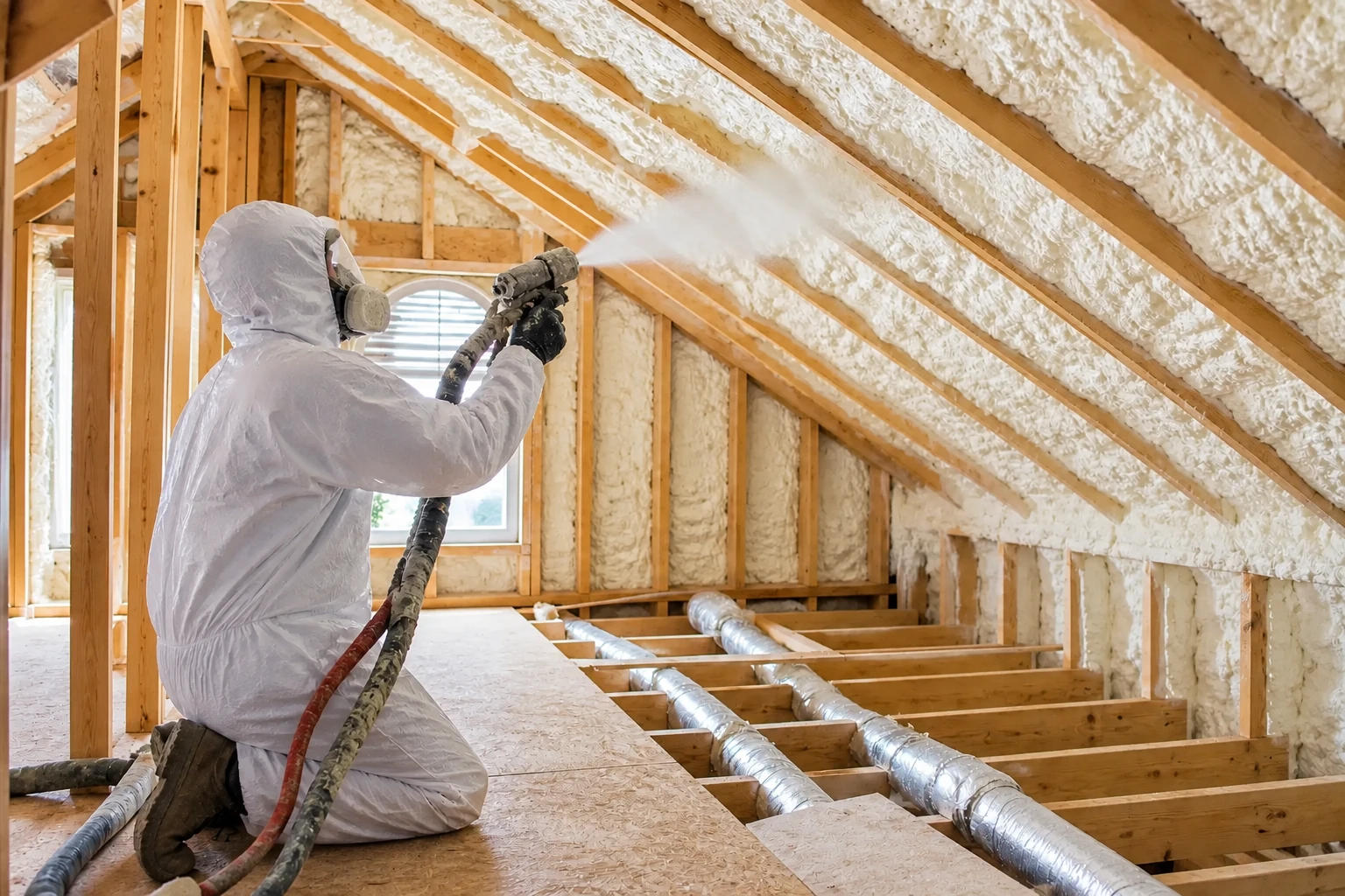 A worker in protective gear sprays foam insulation along the rafters and walls of an attic.