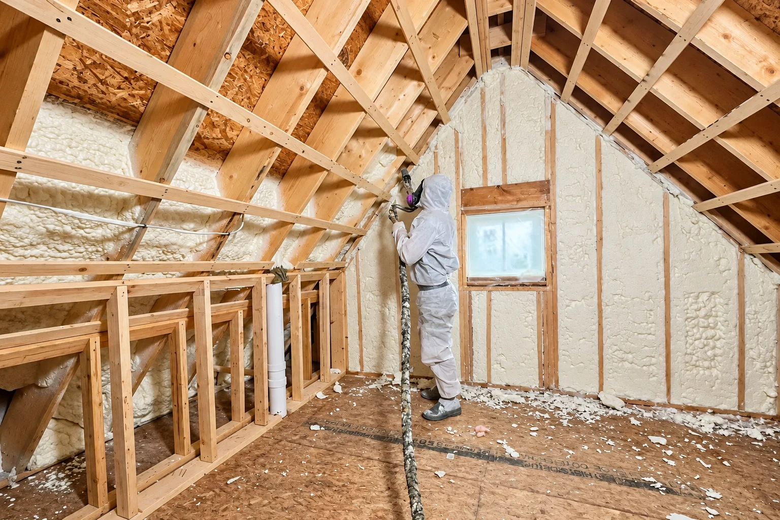 A worker in protective gear sprays foam insulation onto the walls of a timber-framed attic.