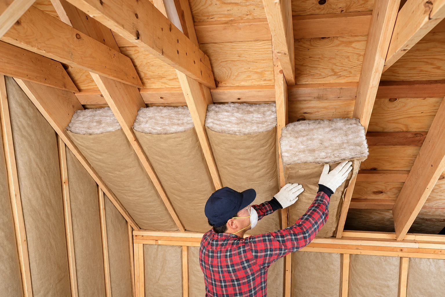 A worker in gloves fits a fiberglass batt between exposed attic rafters.