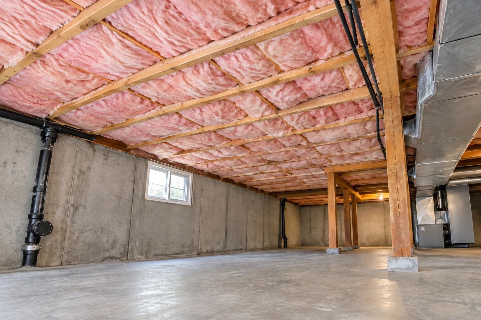Basement with pink fiberglass insulation fitted between ceiling joists above a concrete floor.