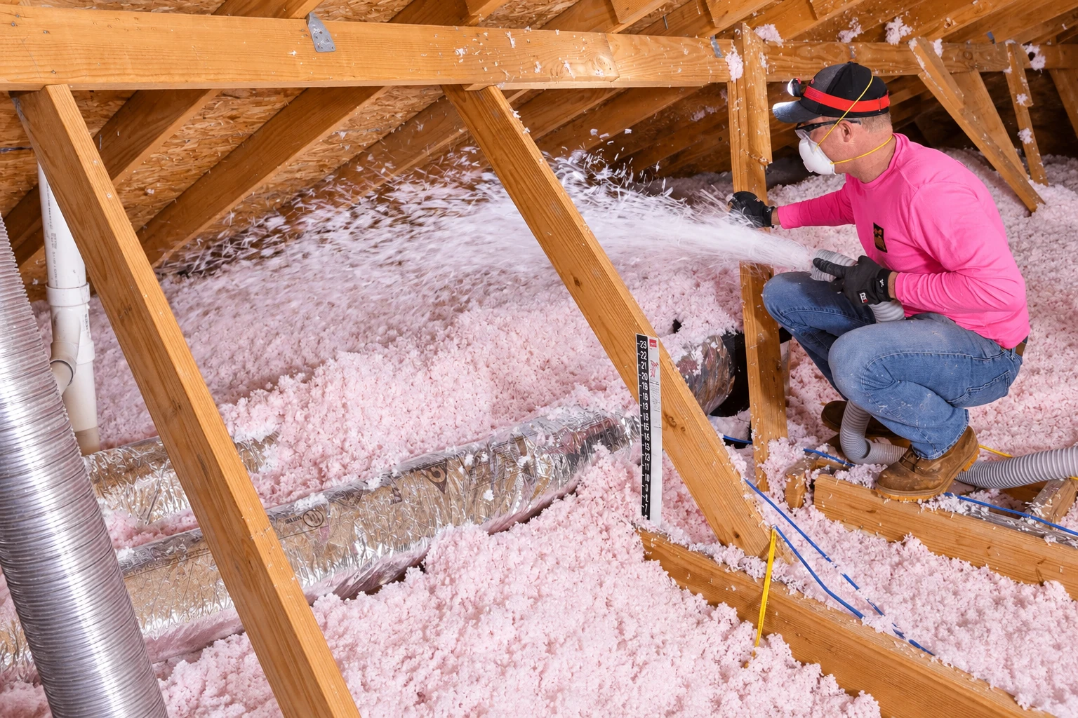 A worker in a pink shirt blows loose-fill insulation across an attic floor beneath exposed wooden rafters.