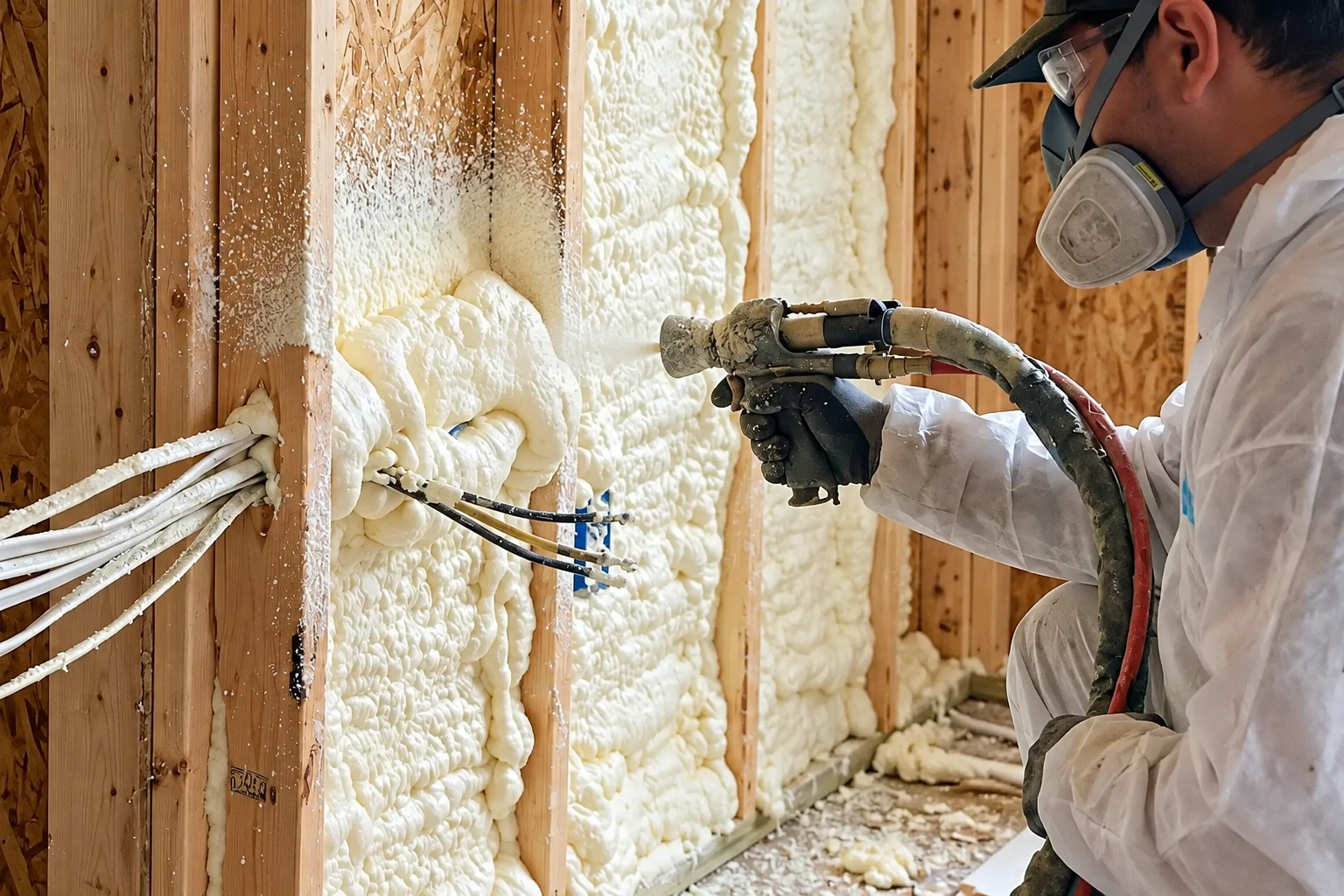 Worker in protective gear sprays foam insulation into the cavities of an unfinished framed wall.