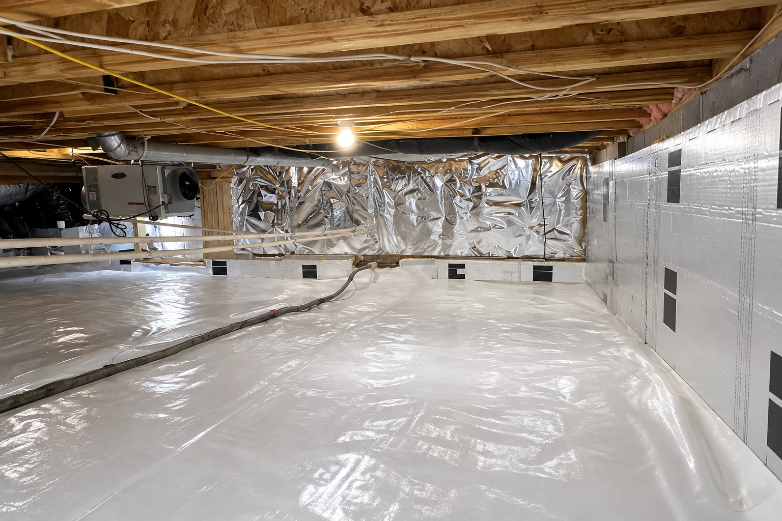 Crawl space with a white plastic vapor barrier covering the floor, reflective insulation on the walls, and exposed joists overhead.