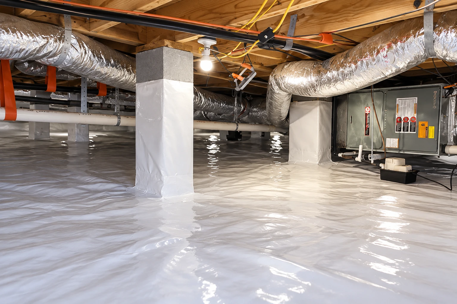 Encapsulated crawl space with white plastic sheeting across the floor and wrapped support posts, beneath ducts and pipes.
