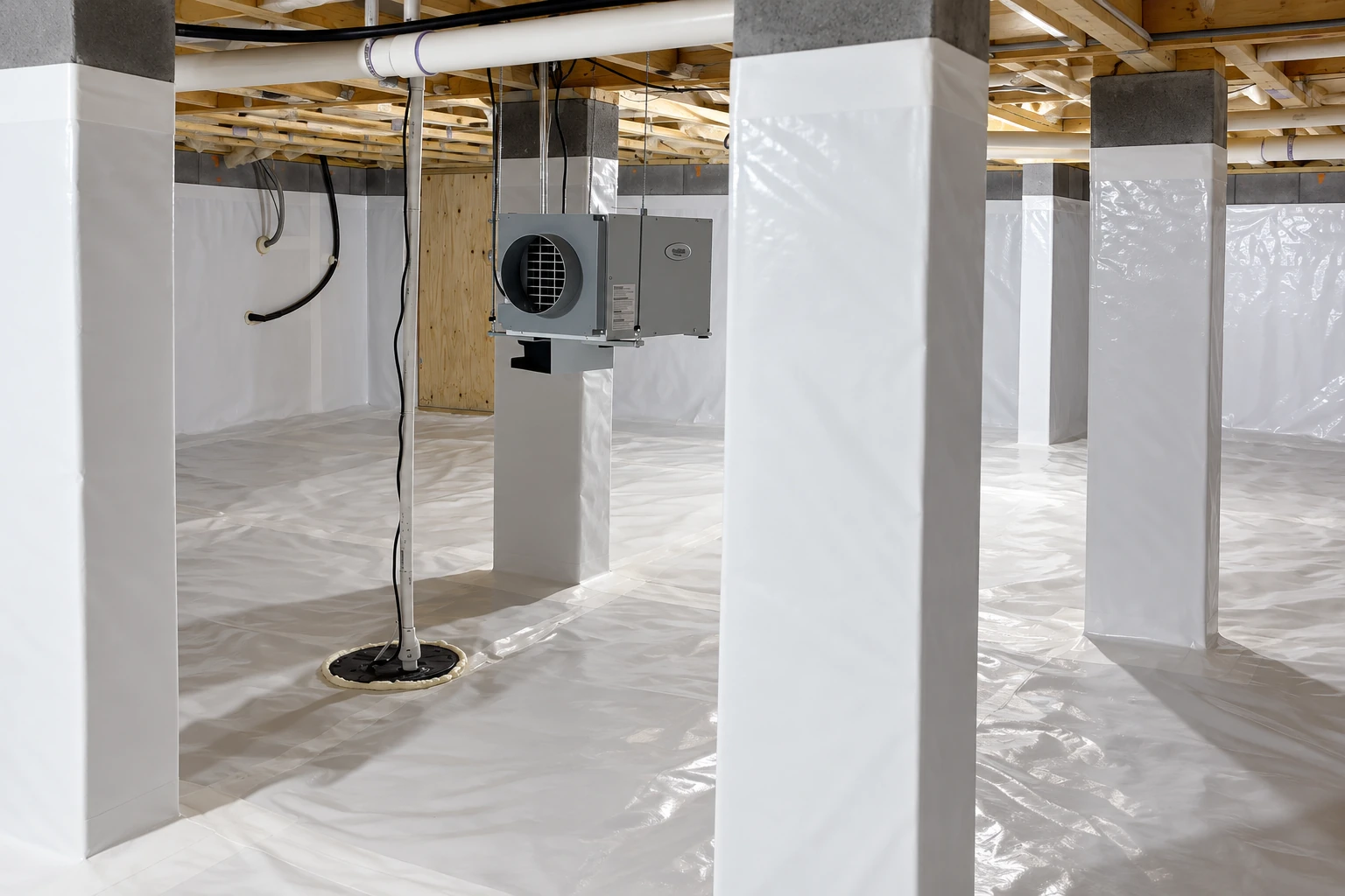A crawl space has white vapor barrier lining the floor and foundation piers, with a dehumidifier and drain visible.