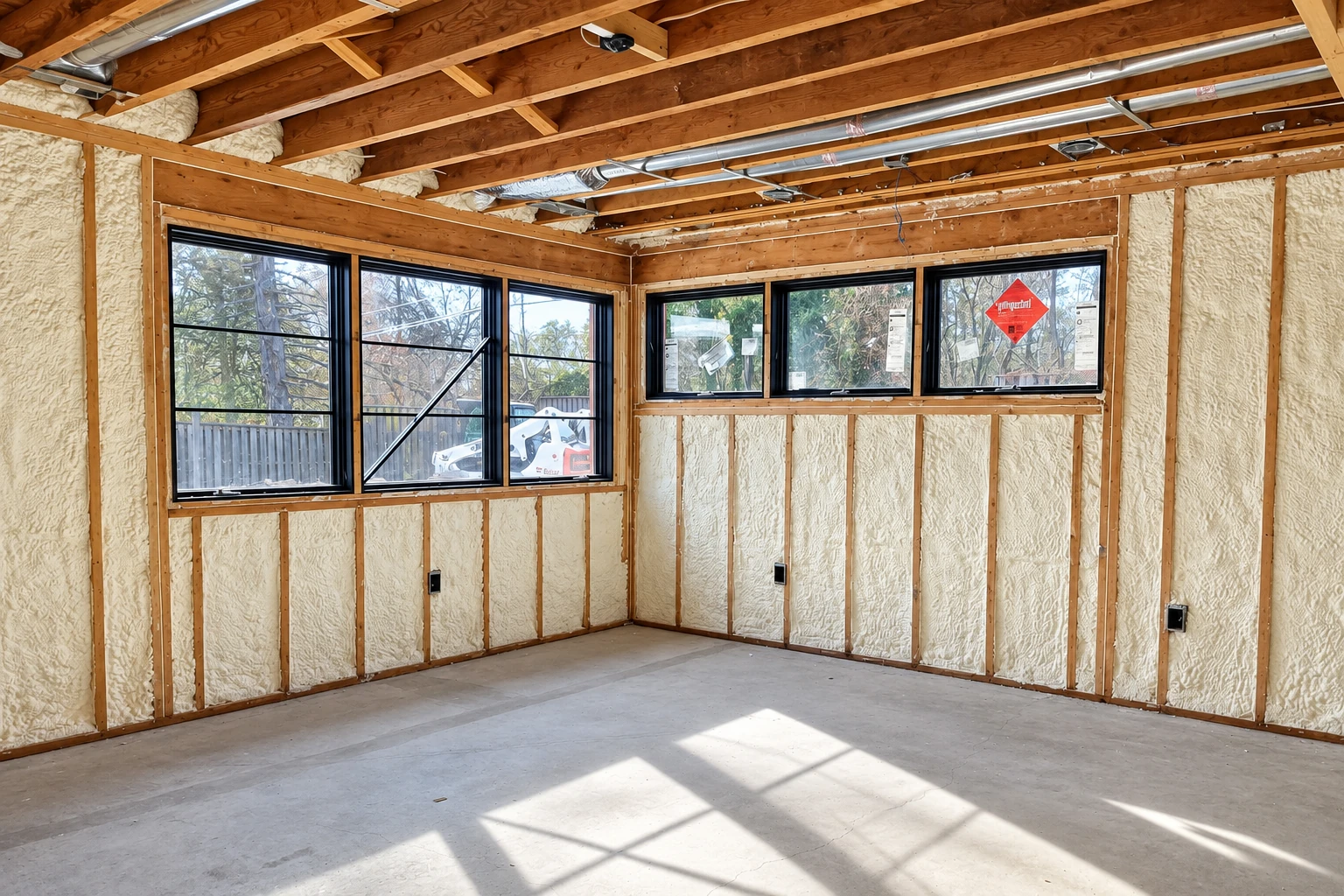 Foam insulation fills the exposed wall cavities of a bright unfinished room with large windows and open ceiling joists.