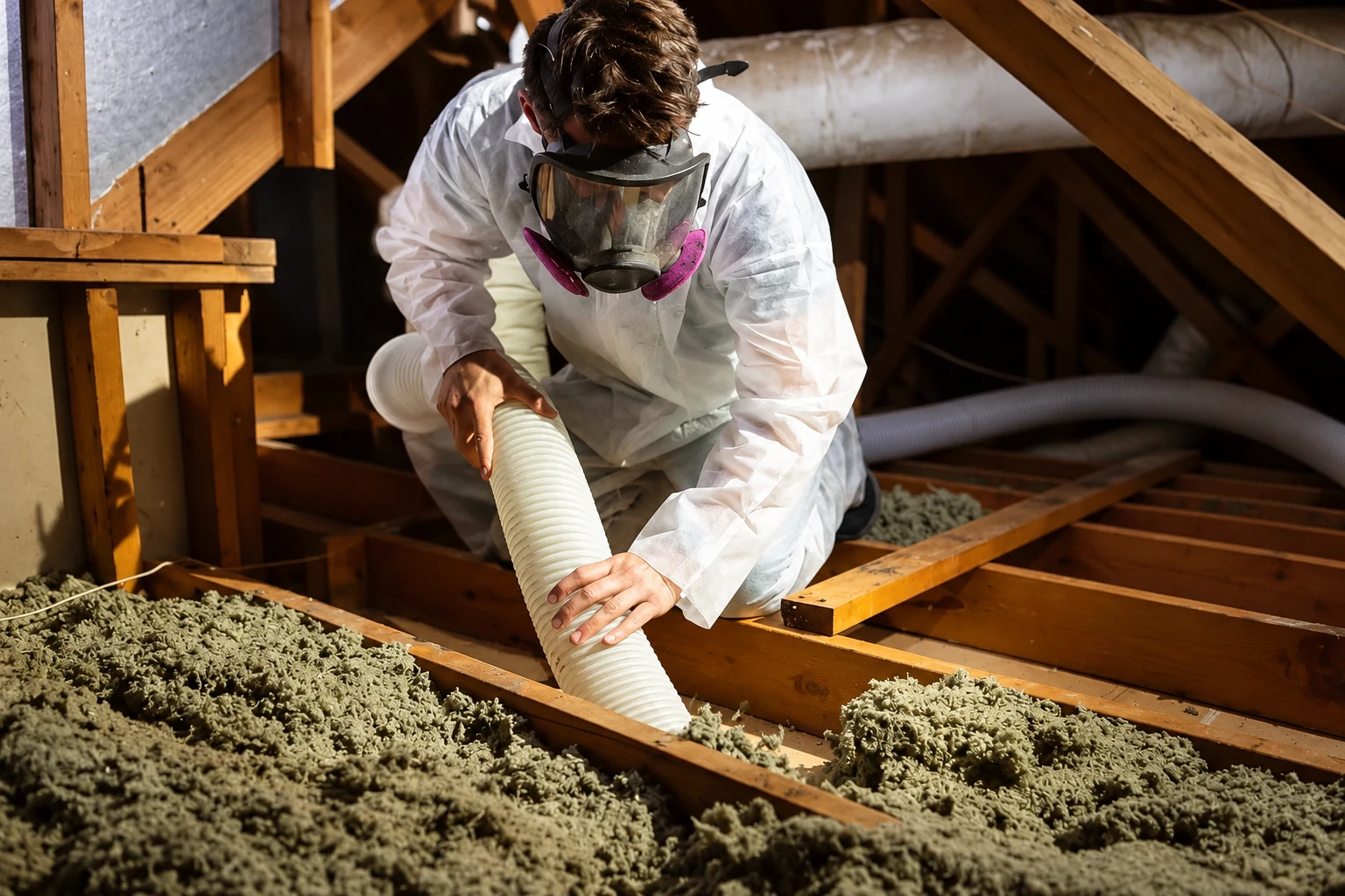 A worker in protective gear guides a hose to remove loose insulation from between attic floor joists.