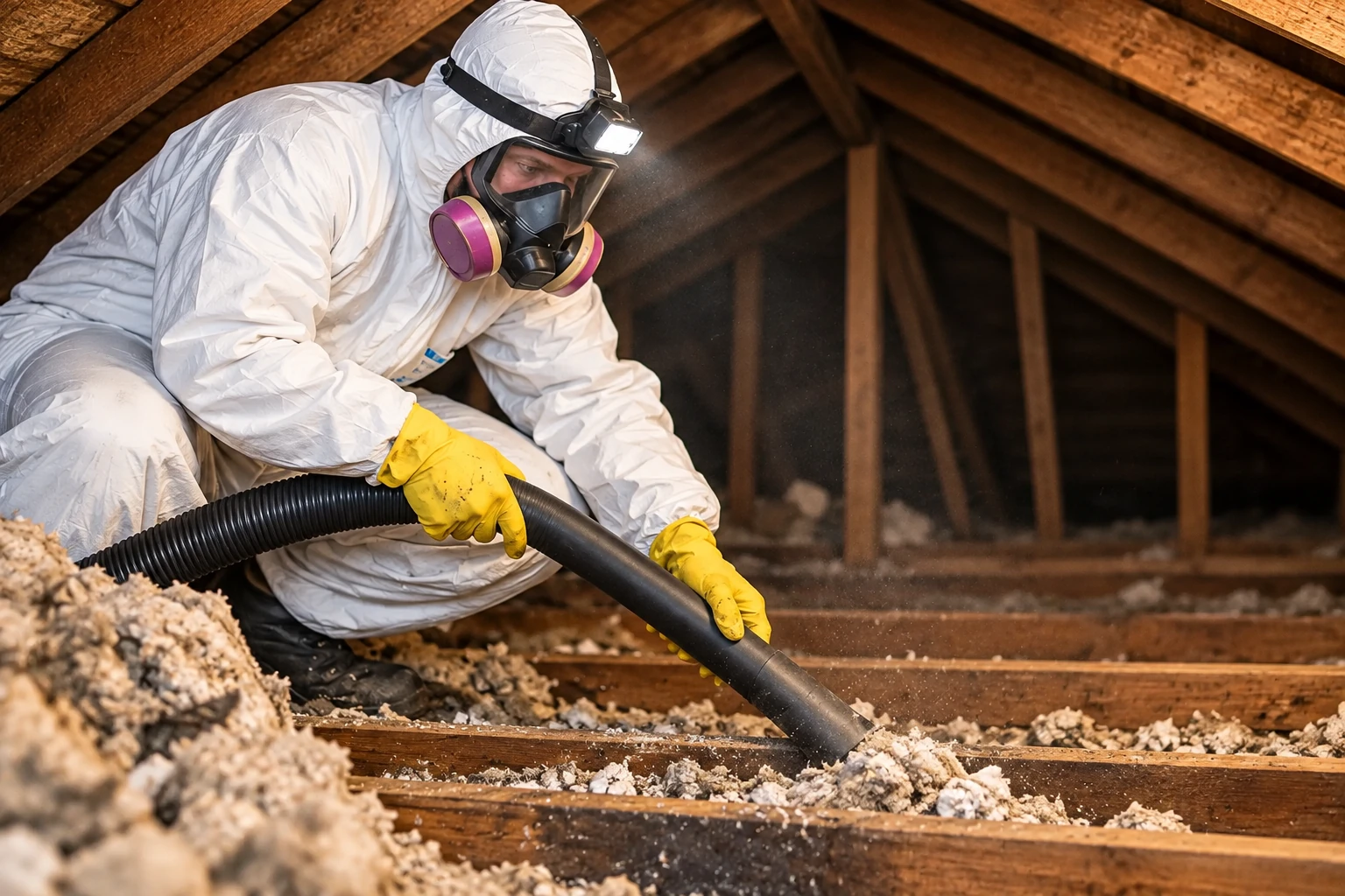 Worker in protective coveralls and respirator vacuums loose insulation from an attic floor through a large black hose.