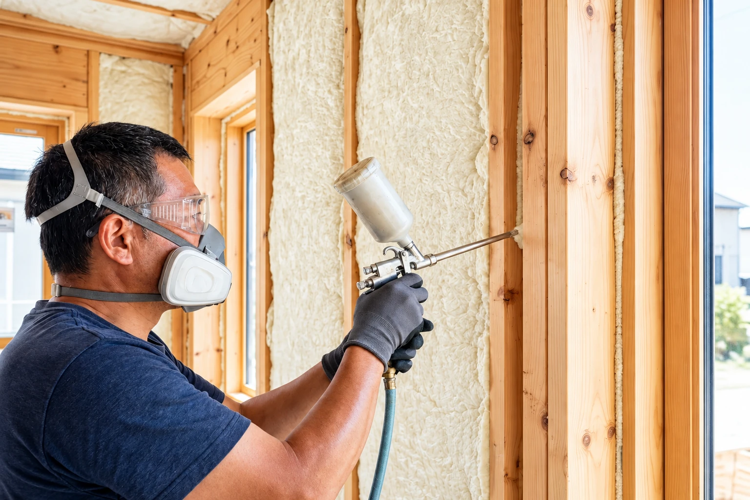 A worker in goggles, respirator, and gloves sprays foam insulation into a wooden wall cavity.
