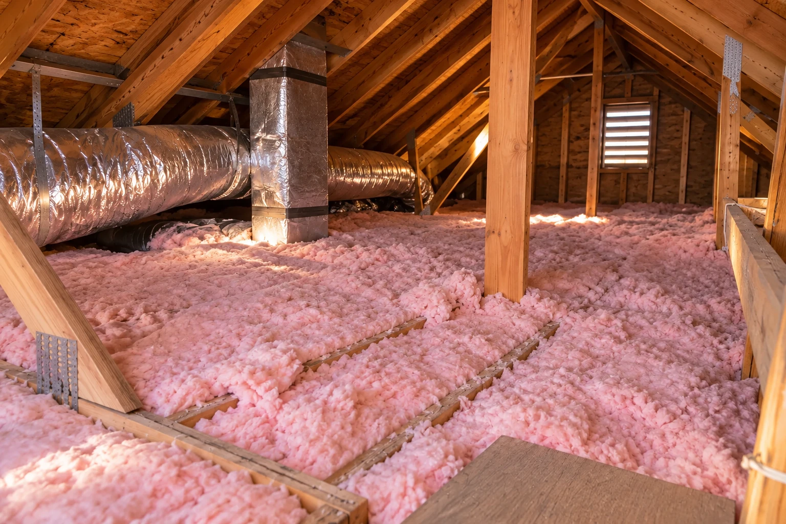 Pink fiberglass insulation covers an attic floor beneath exposed wooden rafters, with large silver HVAC ducts overhead.