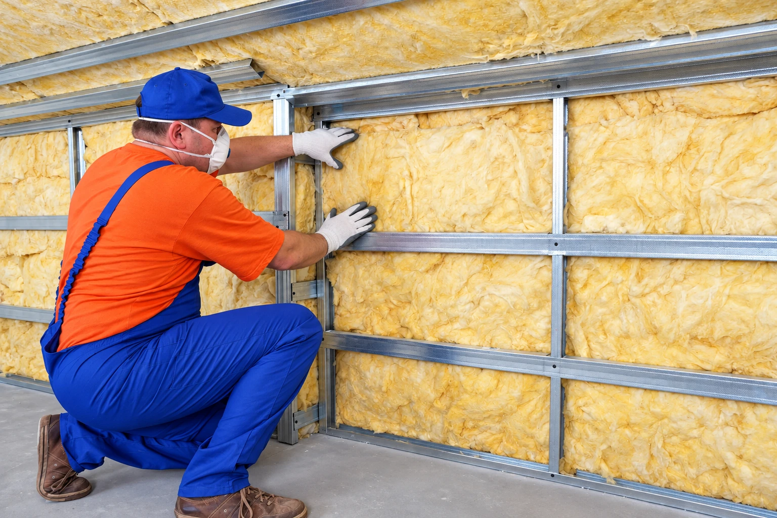 Worker in blue overalls presses yellow batt insulation into metal-framed wall cavities.