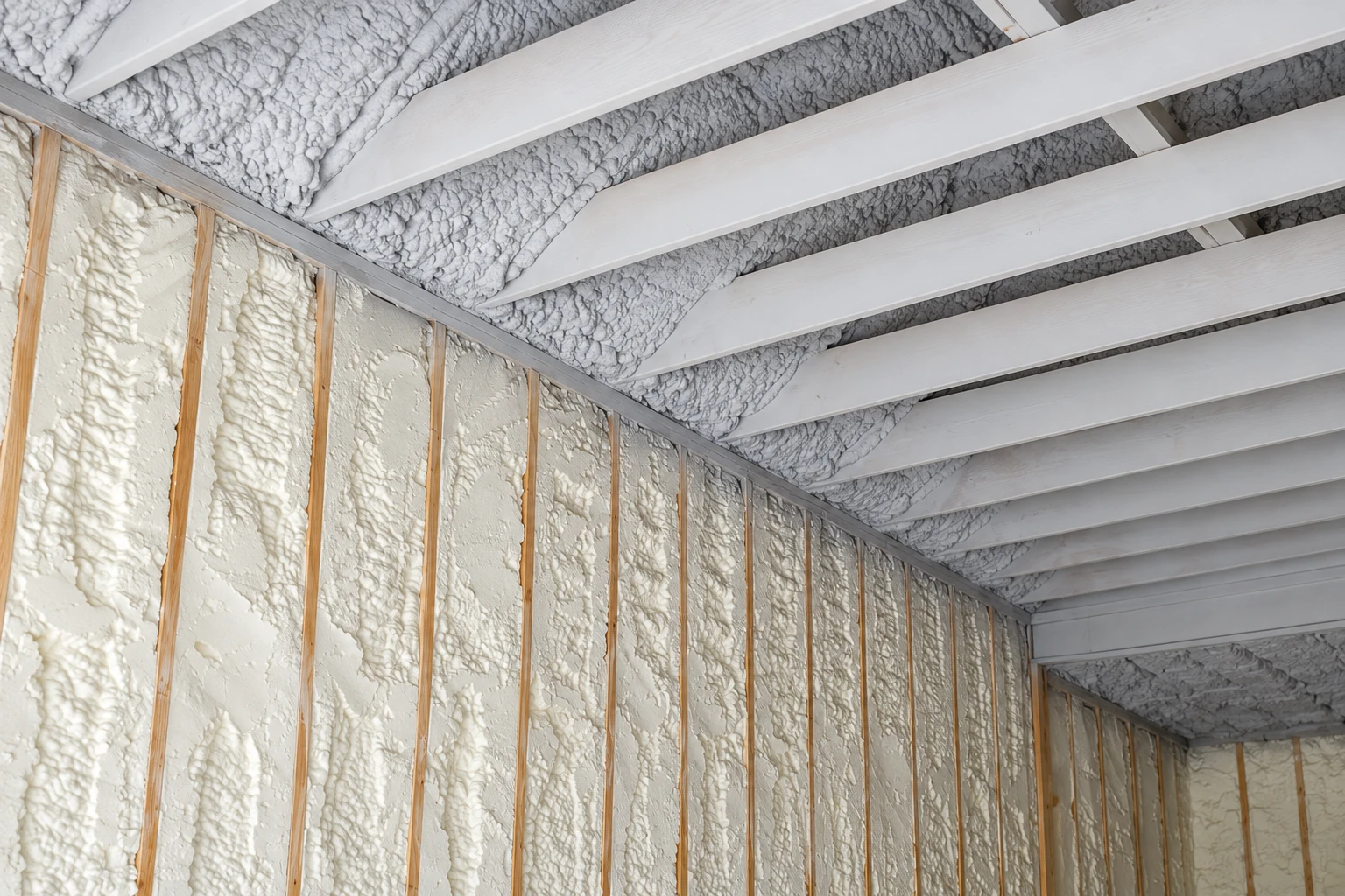 Spray foam insulation fills the wall cavities and roof between exposed wooden framing in an unfinished structure.