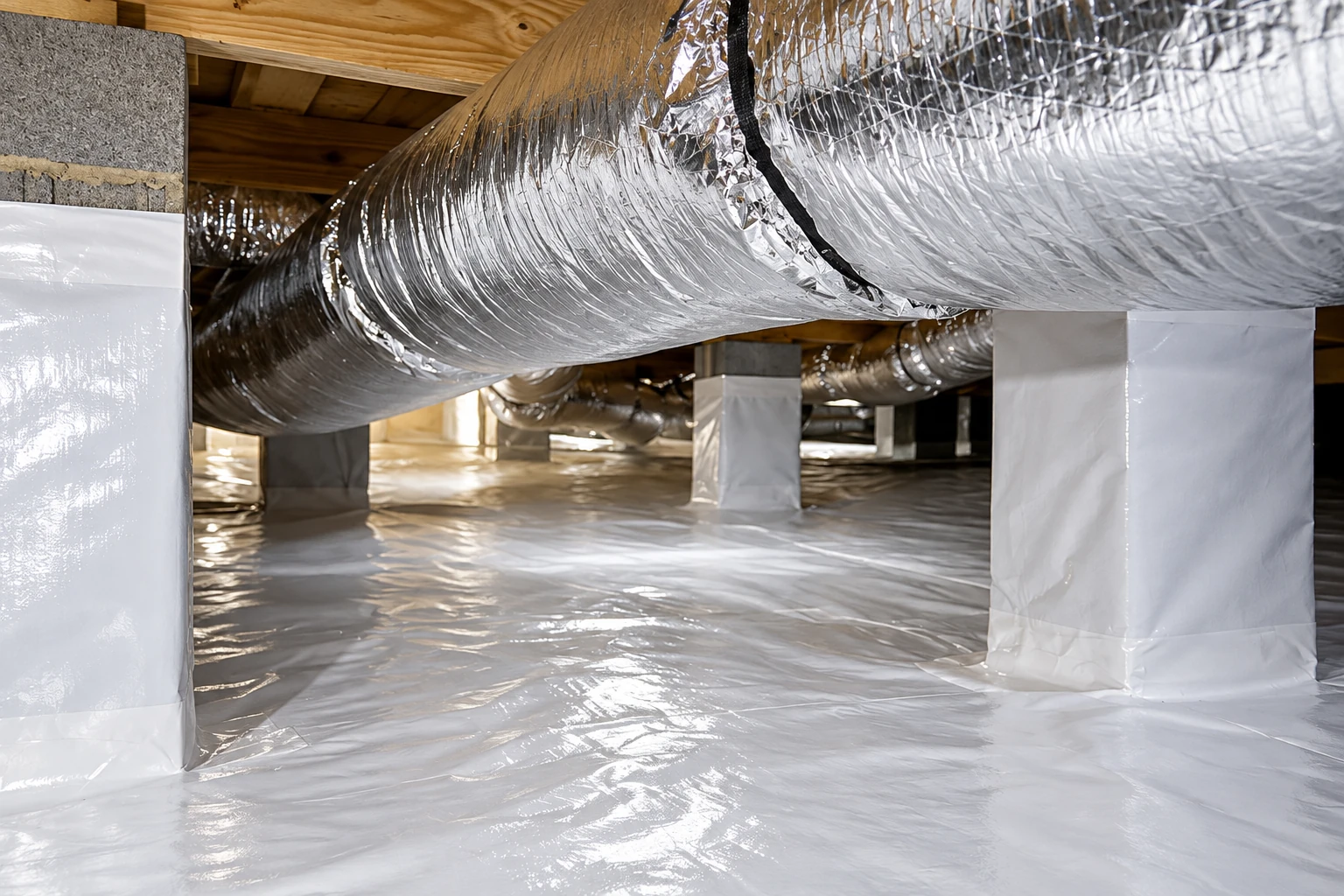 A crawl space has shiny white vapor barrier covering the floor and piers beneath large silver ducts.