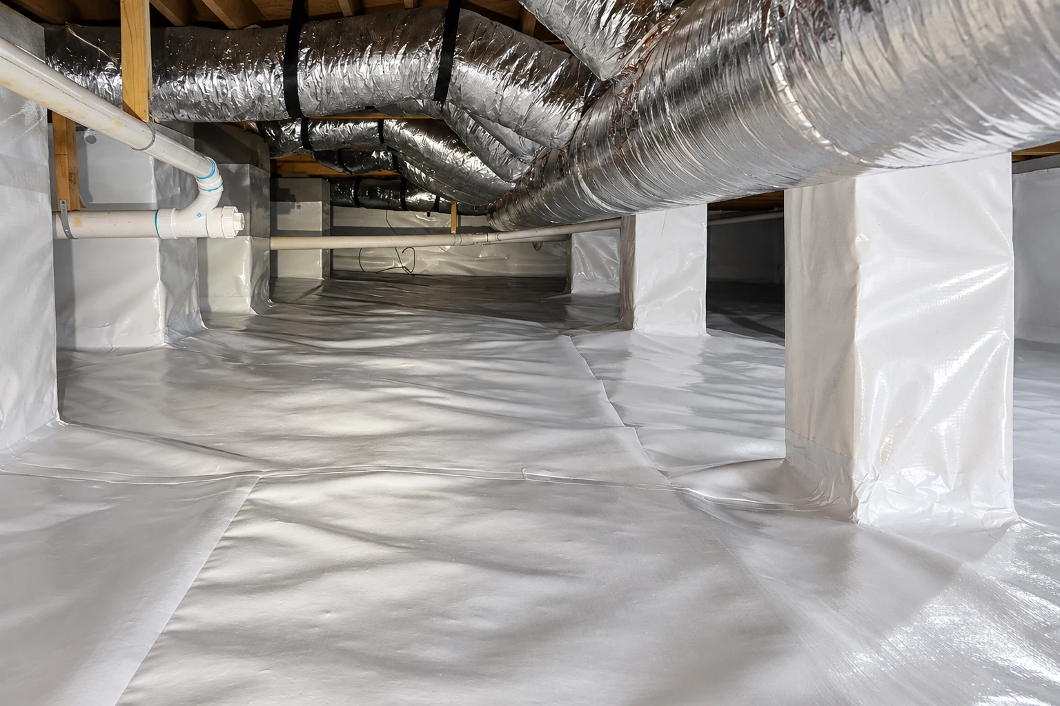 Crawl space floor and support piers covered with overlapping white vapor barrier beneath large silver HVAC ducts.