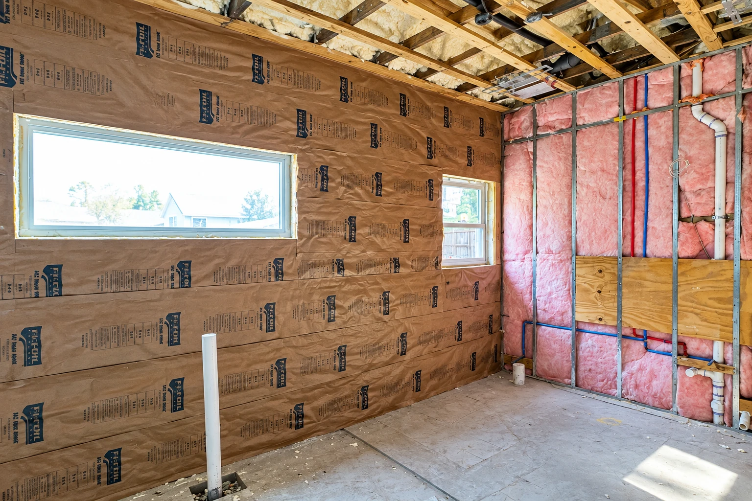 Unfinished room with brown-faced insulation on one wall and pink fiberglass batts between metal studs on another.