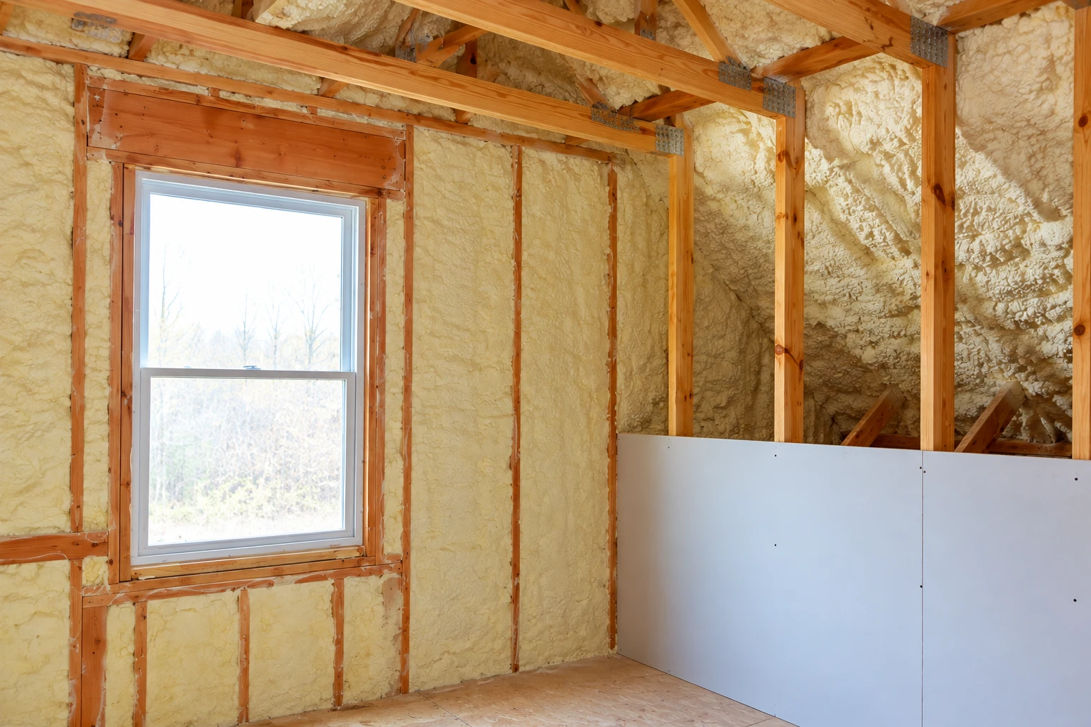 Yellow spray foam fills the wall cavities of a timber-framed room beside a window and unfinished drywall.
